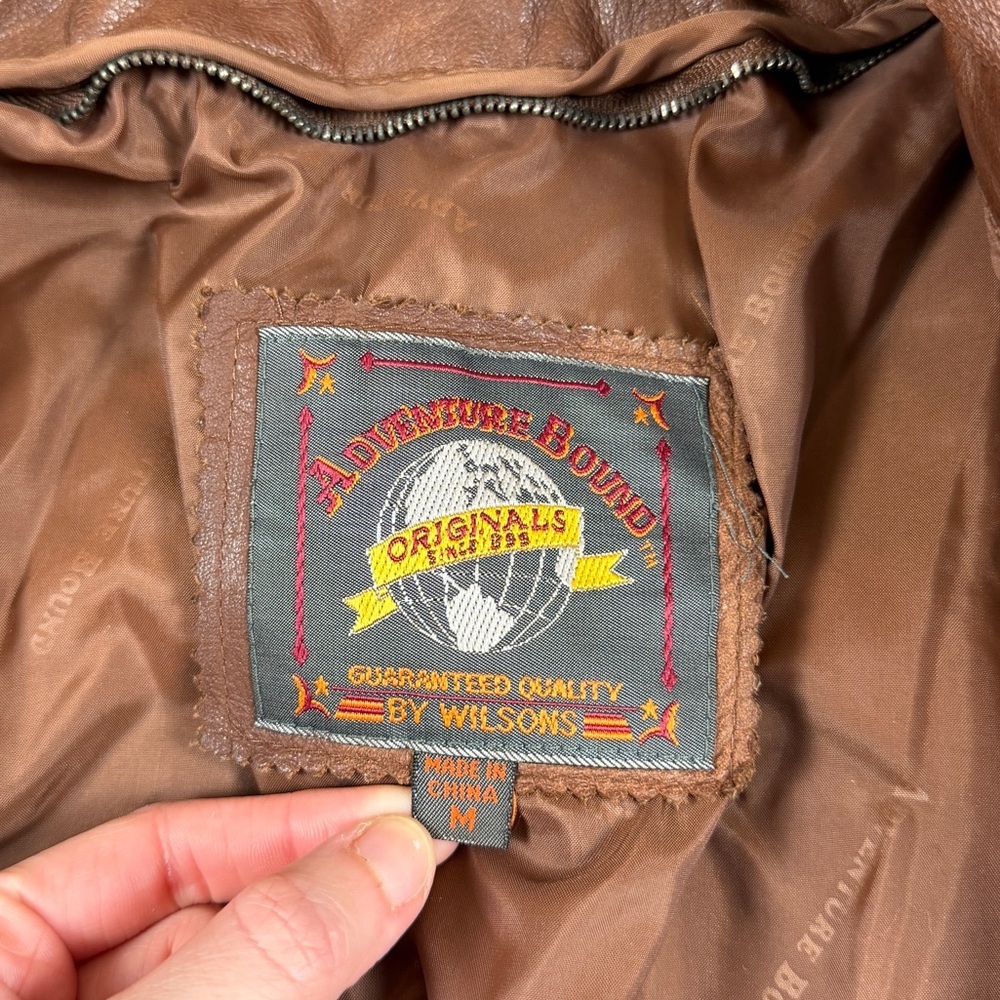 VTG Wilsons Adventure Bound Light Brown Leather Bomber Jacket Mens M Funnel Neck - Picture 7 of 12